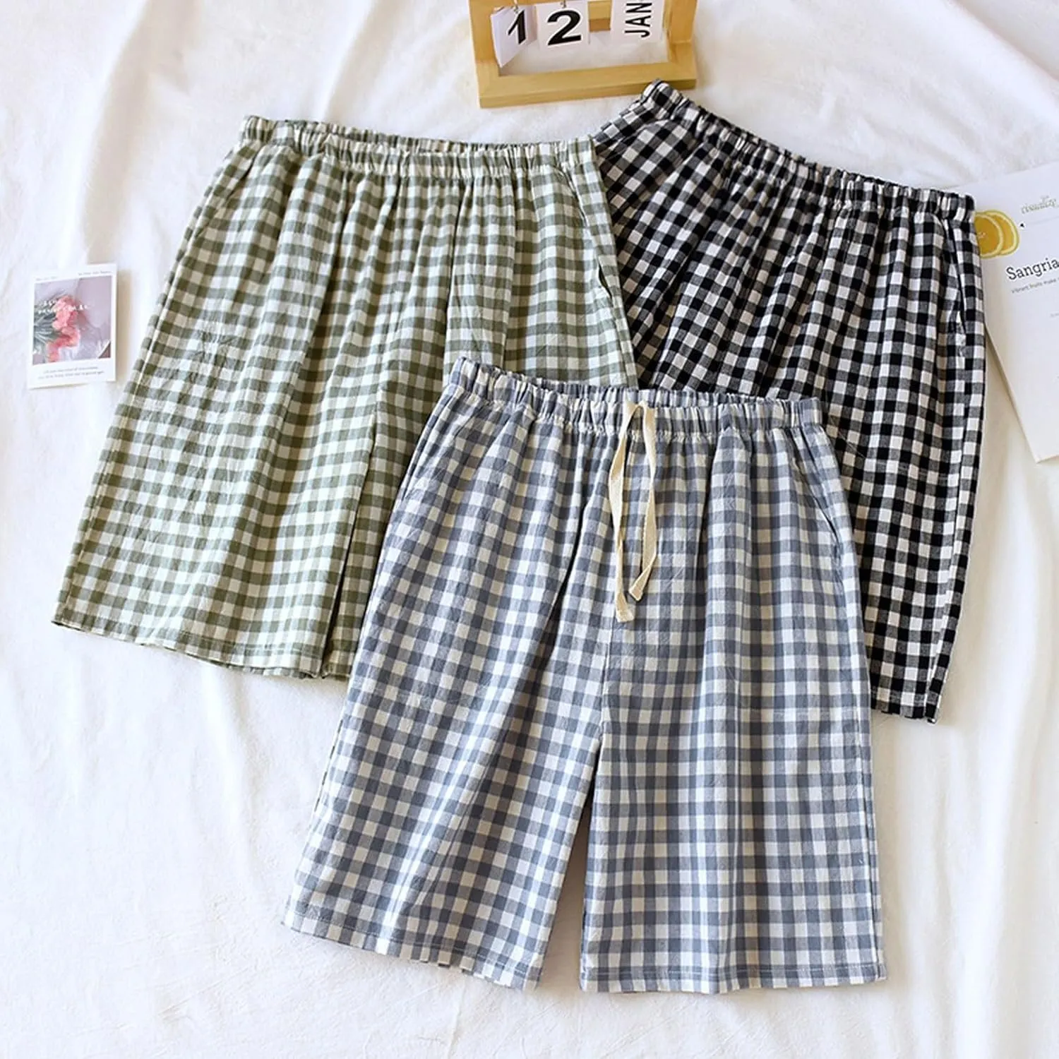 Mens Pajama Shorts Plaid Cotton Sleep Shorts Soft Comfy Lounge Sleepwear Pants Elastic Waistband Beach Shorts