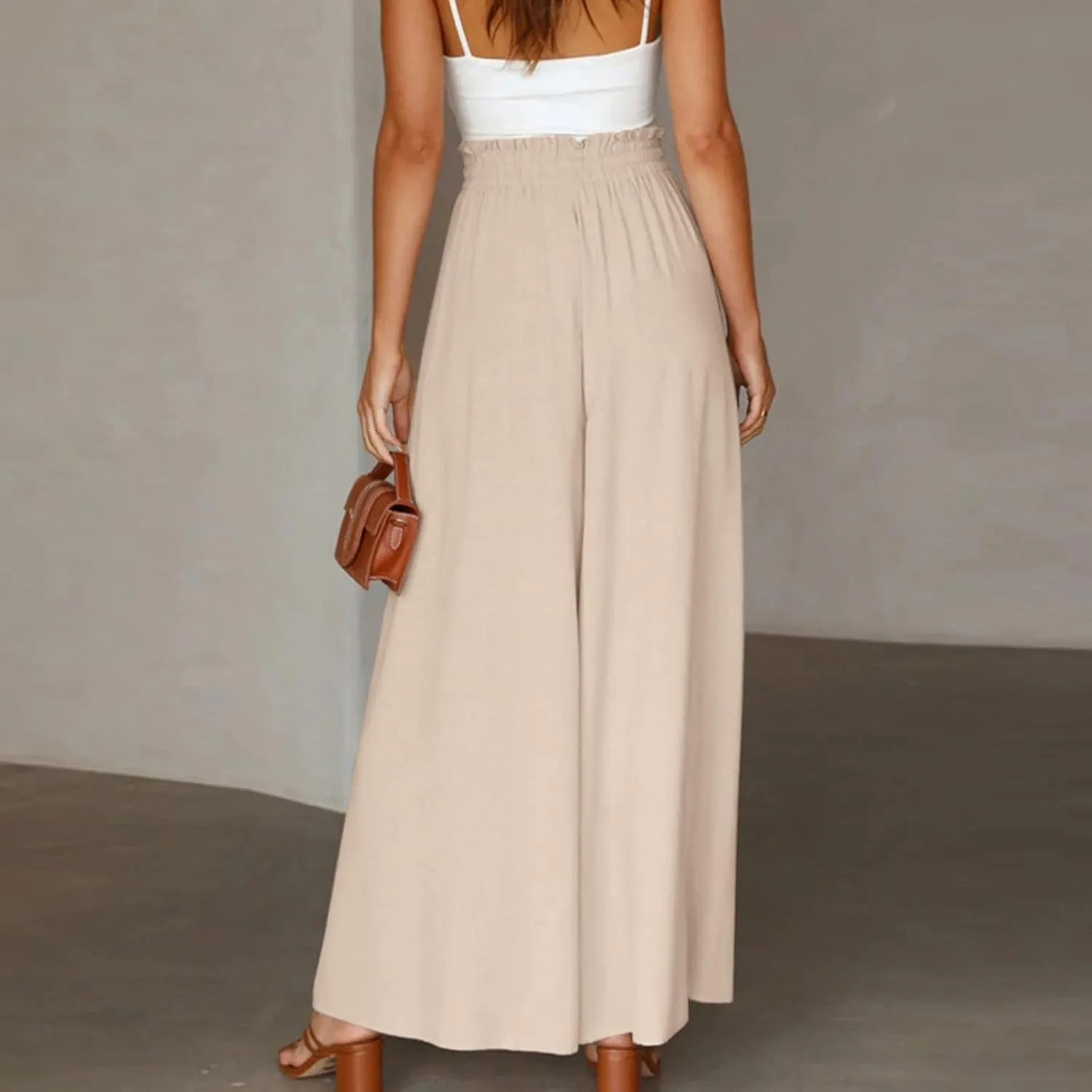 Palazzo Pants for Women Wide Leg Casual Solid Solid Drawstring Pant Summer Beach Vacation Elastic High Waist Trouser