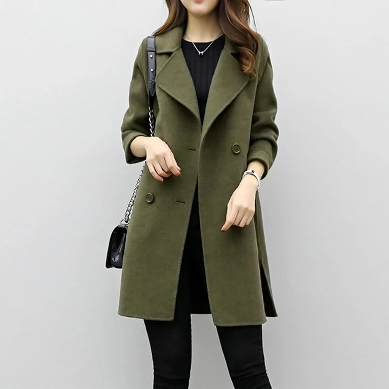Pea Coats for Women Double Breasted Mid Length Wool Coat Open Front Lapel Overcoat Long Winter Jackets with Pockets