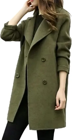 Pea Coats for Women Double Breasted Mid Length Wool Coat Open Front Lapel Overcoat Long Winter Jackets with Pockets