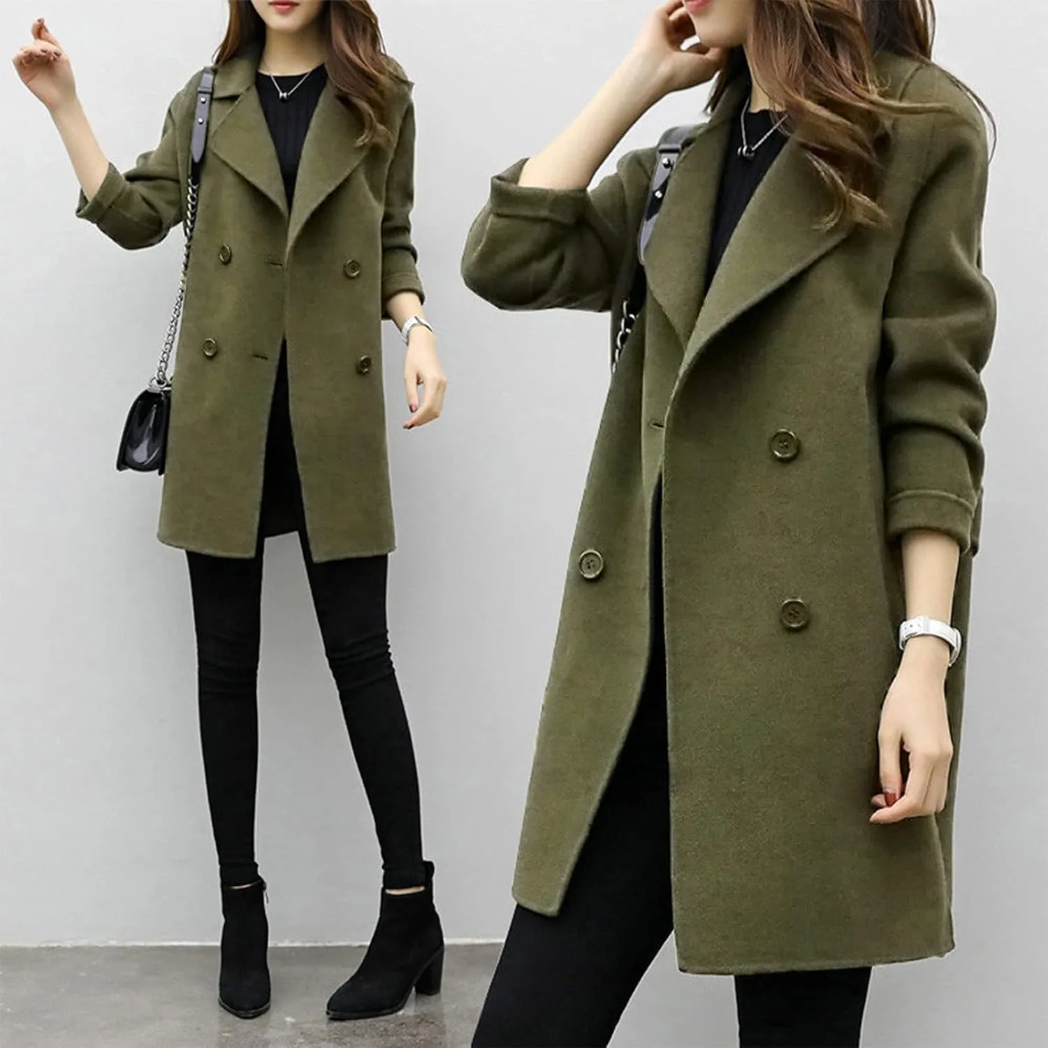 Pea Coats for Women Double Breasted Mid Length Wool Coat Open Front Lapel Overcoat Long Winter Jackets with Pockets