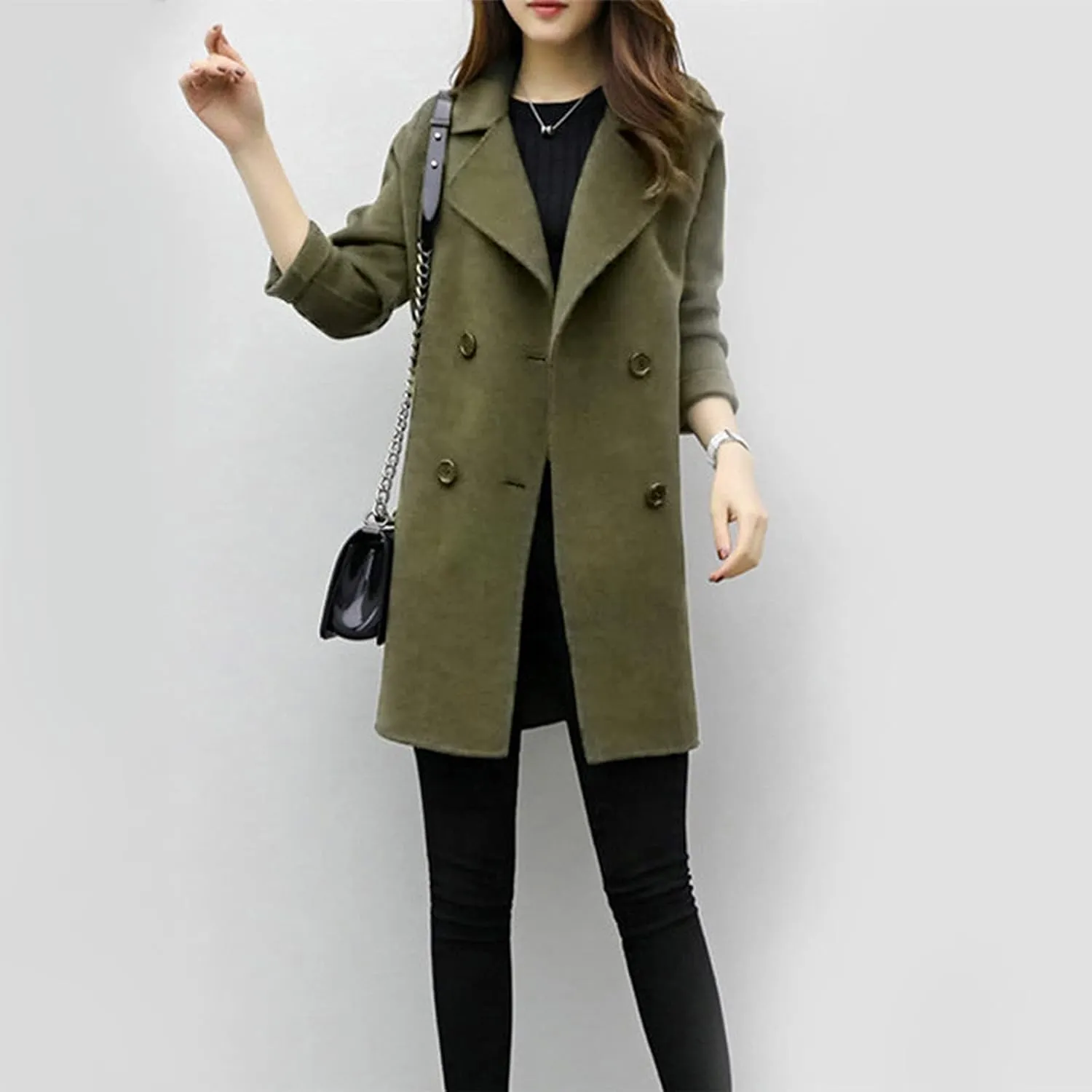 Pea Coats for Women Double Breasted Mid Length Wool Coat Open Front Lapel Overcoat Long Winter Jackets with Pockets