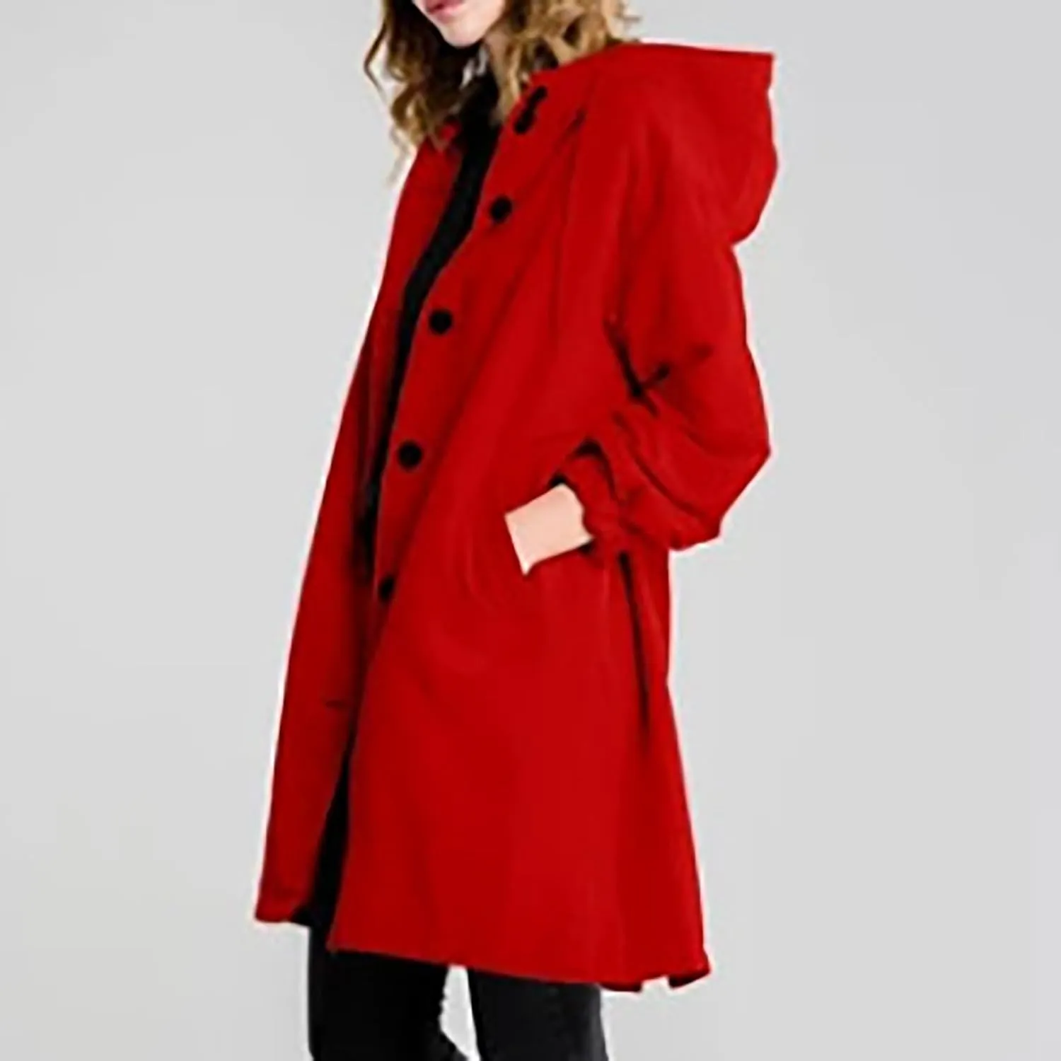 QWENTMTNTY Plus Size Trench Coats for Women Winter Trendy Long Trenchcoat with Hood Casual Oversized Single Breased Pea Coats