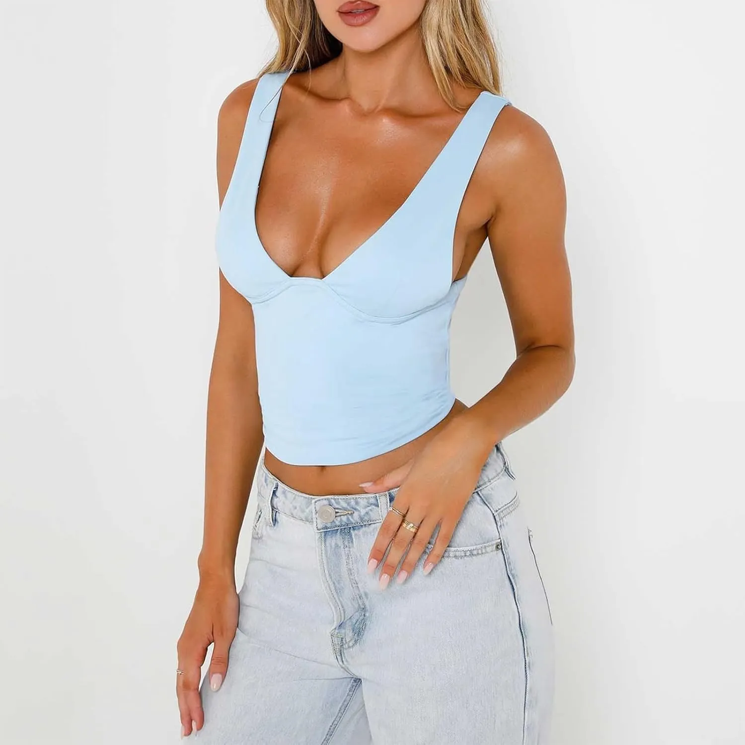 Sexy Deep V Neck Crop Tank Tops for Women Basic Slim Fit Sleeveless Backless Strap Crop Top Y2K Going Out Cami Shirt
