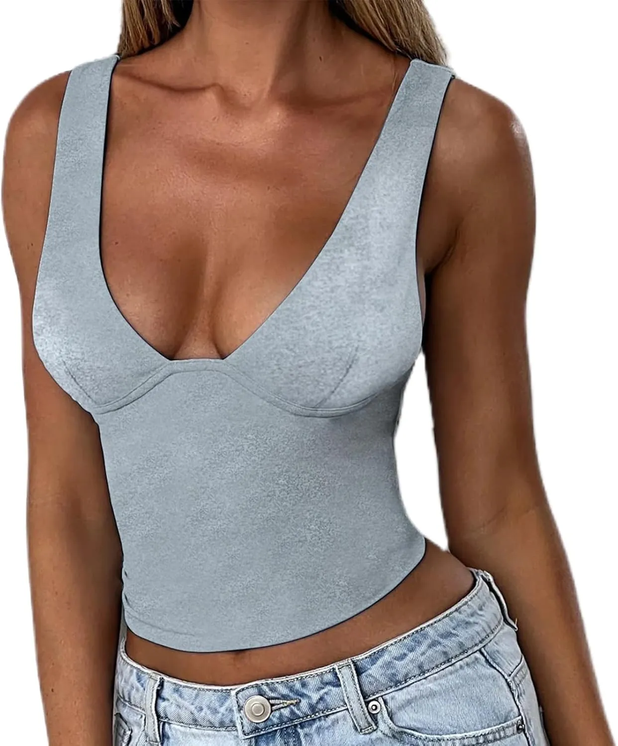 Sexy Deep V Neck Crop Tank Tops for Women Basic Slim Fit Sleeveless Backless Strap Crop Top Y2K Going Out Cami Shirt