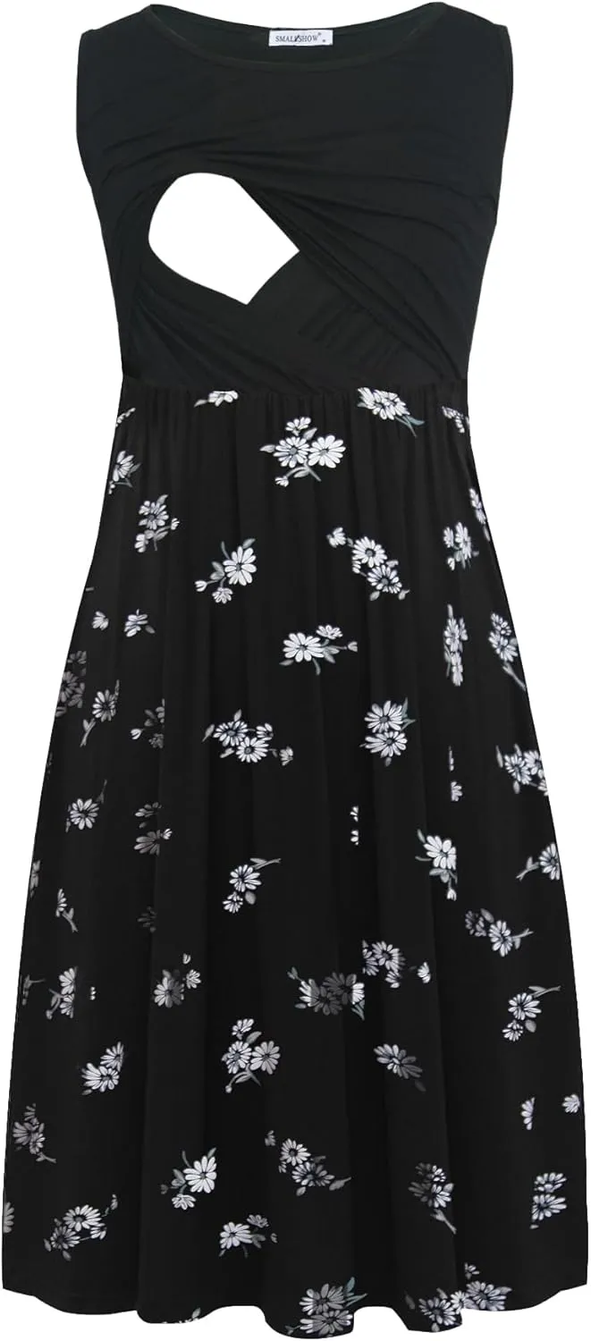 Smallshow Women's Sleeveless Nursing Dresses Patchwork Maternity Breastfeeding Dress