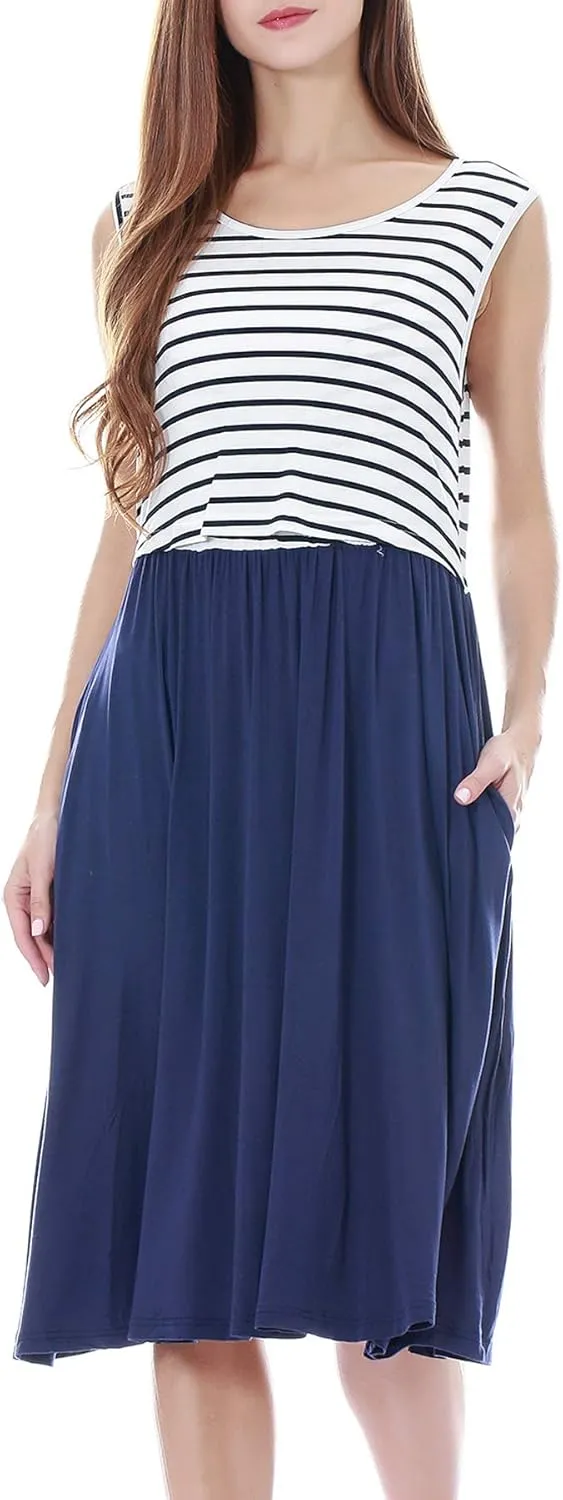 Smallshow Women's Sleeveless Nursing Dresses Patchwork Maternity Breastfeeding Dress
