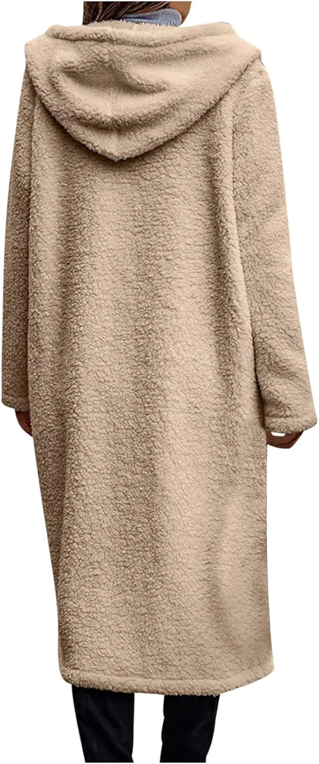 tuduoms Women's Winter Long Sherpa Jacket Hooded Button-Front Fuzzy Fleece Teddy Coat Open Front Long Cardigan Warm Outwear
