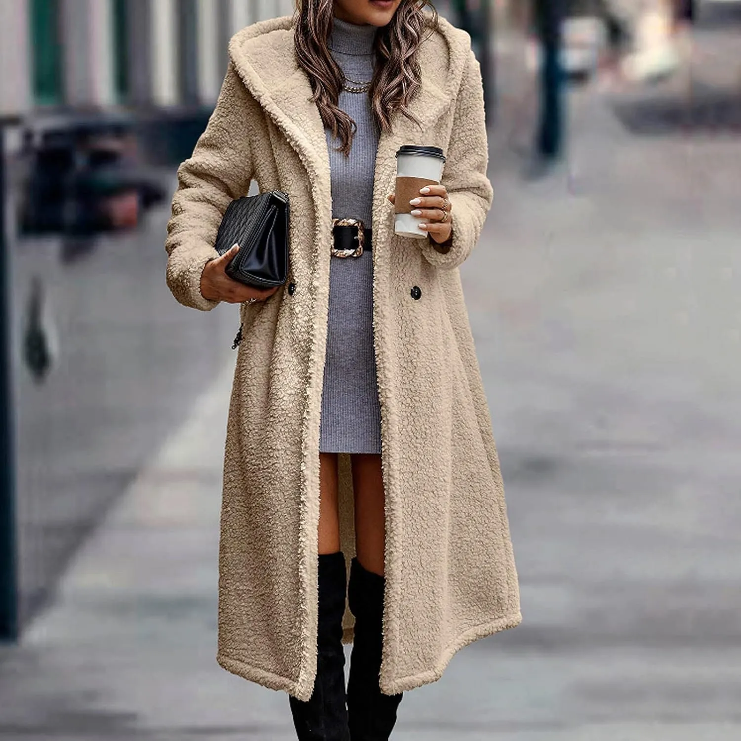 tuduoms Women's Winter Long Sherpa Jacket Hooded Button-Front Fuzzy Fleece Teddy Coat Open Front Long Cardigan Warm Outwear