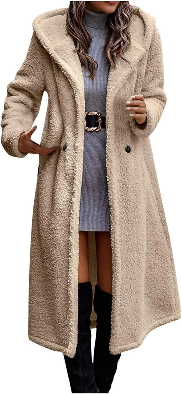 tuduoms Women's Winter Long Sherpa Jacket Hooded Button-Front Fuzzy Fleece Teddy Coat Open Front Long Cardigan Warm Outwear