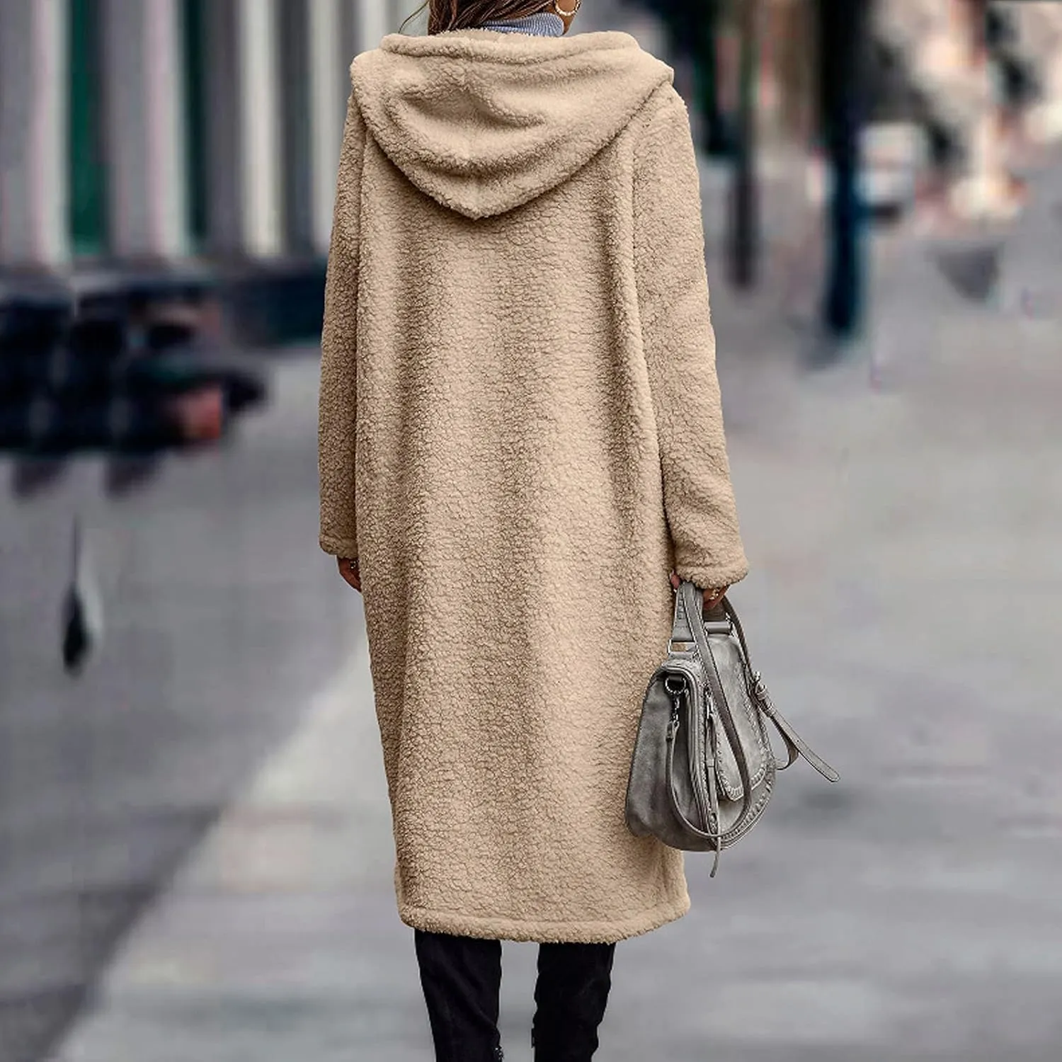 tuduoms Women's Winter Long Sherpa Jacket Hooded Button-Front Fuzzy Fleece Teddy Coat Open Front Long Cardigan Warm Outwear