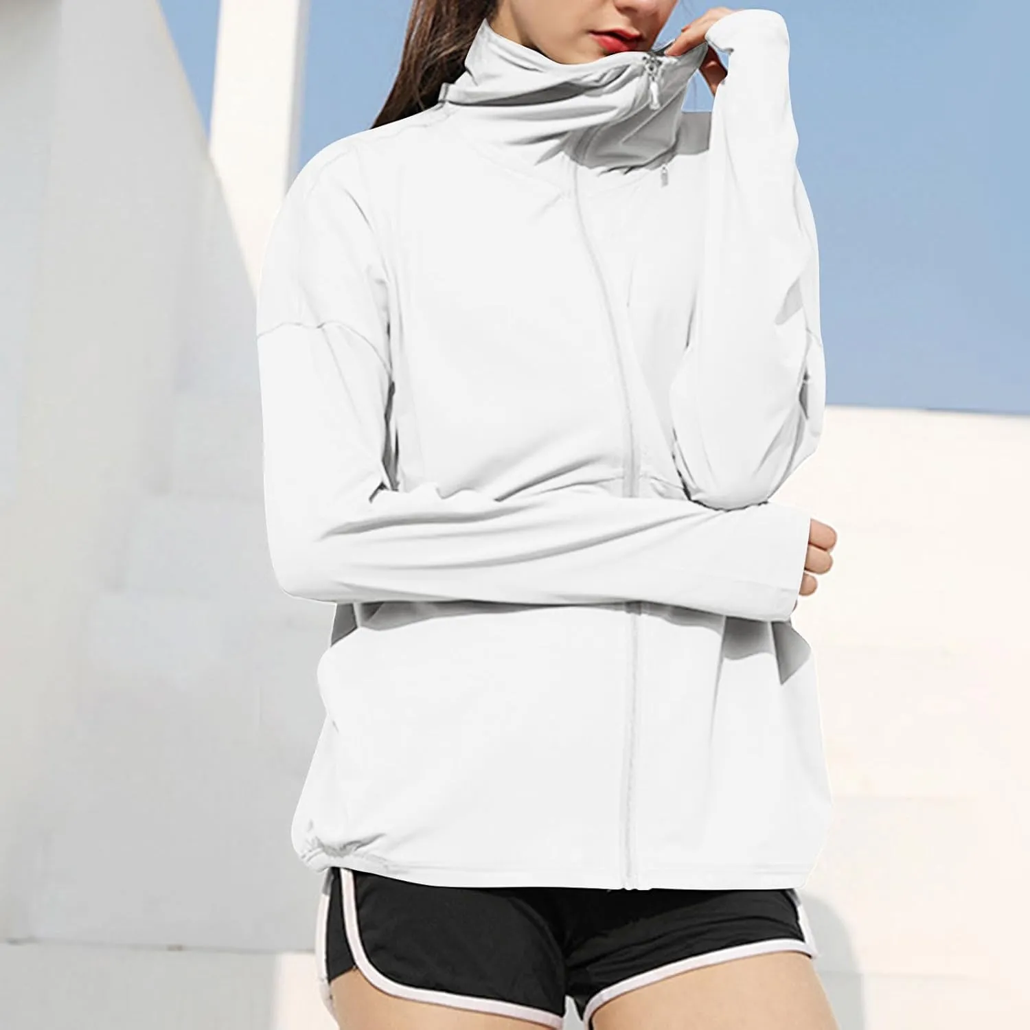 UV Protection Jackets with Hoodie for Womens Full Zip Up Lightweight Summer Sun Protect Coat with Pockets & Thumb Hole