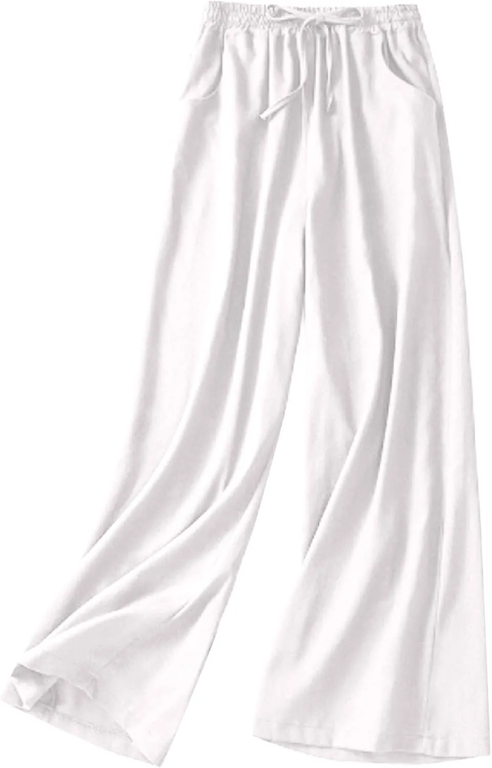 Wide Leg Linen Pants for Women Elastic Waist Drawstring Straight Leg Lounge Trousers Summer Palazzo Pants White