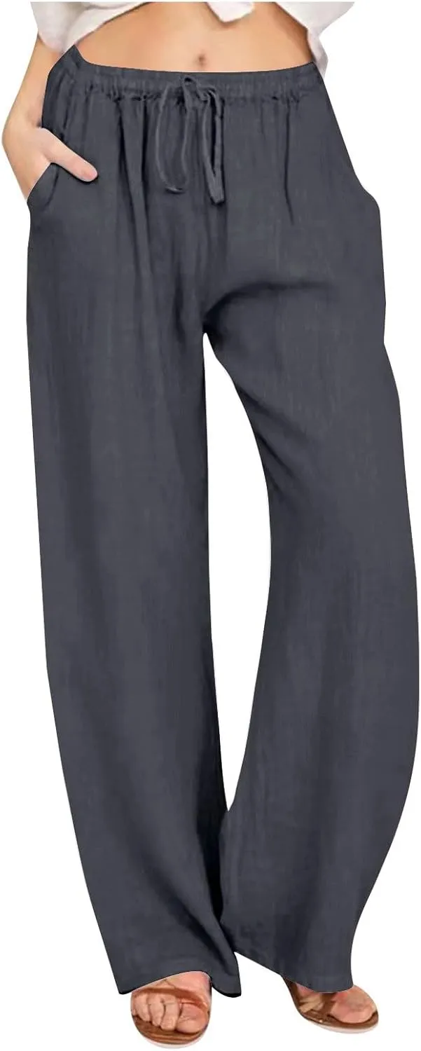 Wide Leg Linen Pants for Women Summer Boho Drawstring High Waist Casual Lounge Pant 2025 Beach Travel Vacation Outfits