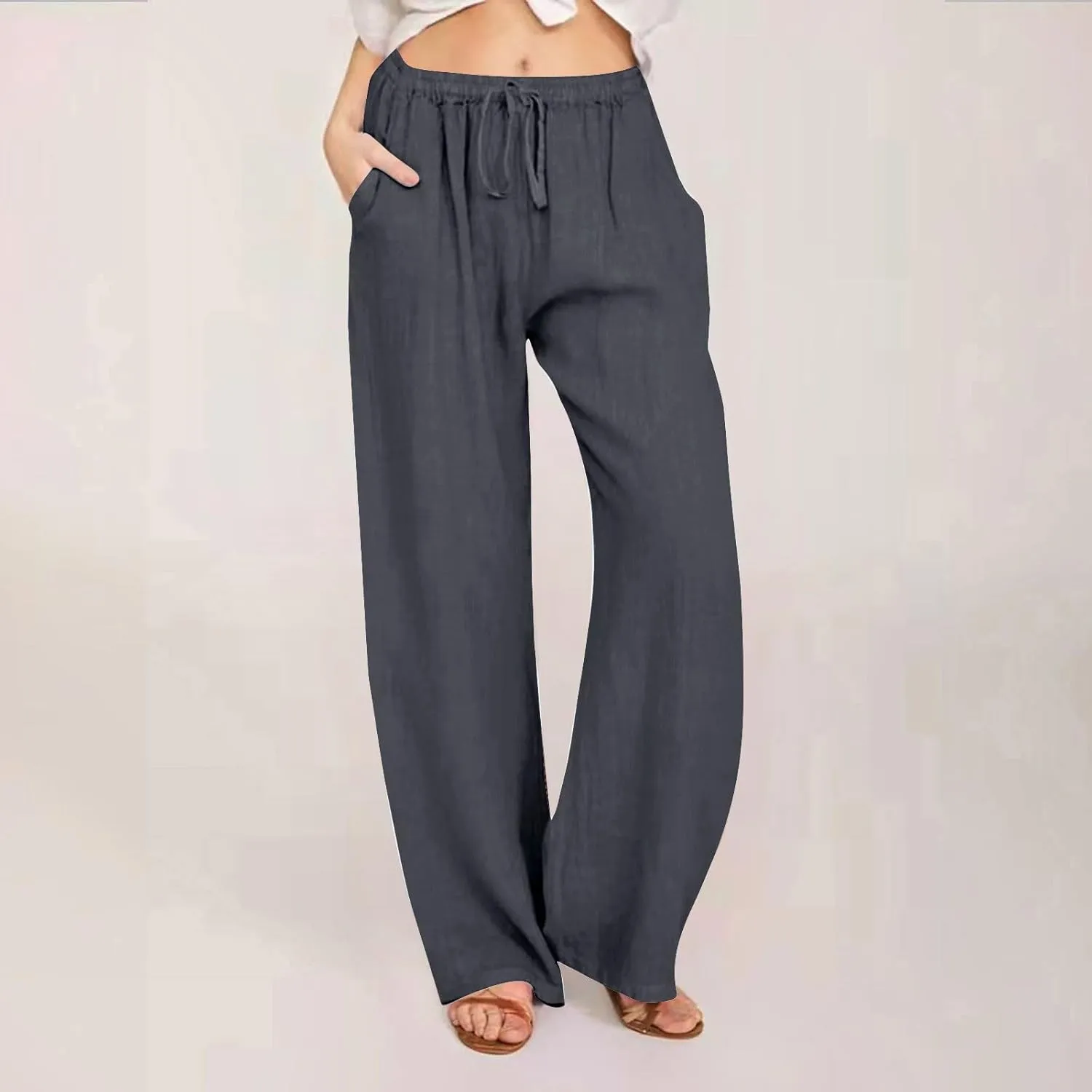 Wide Leg Linen Pants for Women Summer Boho Drawstring High Waist Casual Lounge Pant 2025 Beach Travel Vacation Outfits