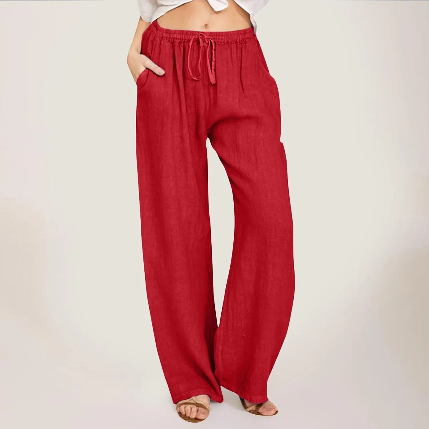 Wide Leg Linen Pants Women Loose Fit High Waist Summer Cotton Linen Pant with Pocket Drawstring Casual Lounge Trousers