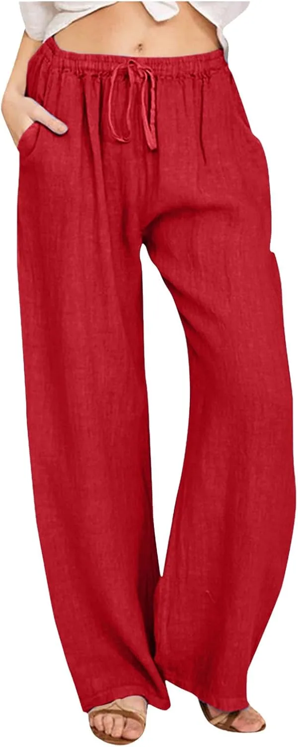 Wide Leg Linen Pants Women Loose Fit High Waist Summer Cotton Linen Pant with Pocket Drawstring Casual Lounge Trousers