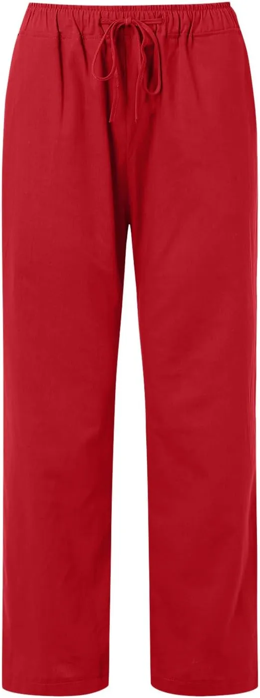 Wide Leg Linen Pants Women Loose Fit High Waist Summer Cotton Linen Pant with Pocket Drawstring Casual Lounge Trousers