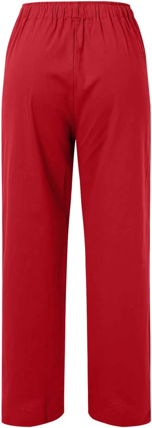 Wide Leg Linen Pants Women Loose Fit High Waist Summer Cotton Linen Pant with Pocket Drawstring Casual Lounge Trousers