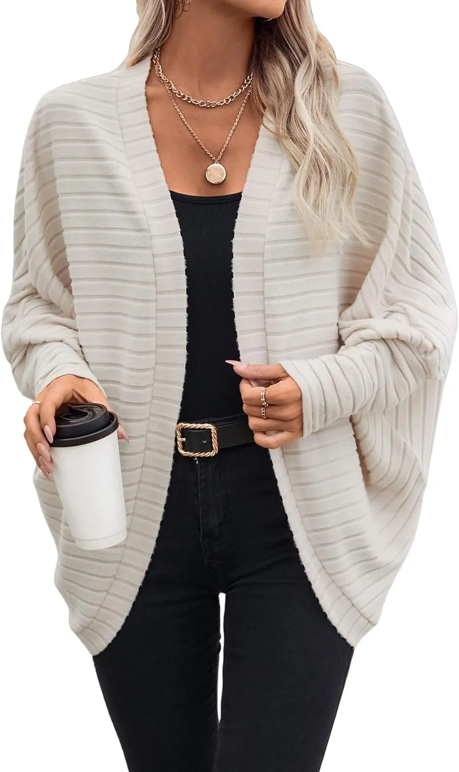 Women Houndstooth Blazer Jackets Batwing Long Sleeve Open Front Asymmetrical Cardigan Coat