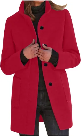 Women Trench Coat Casual Single Breasted Midi Peacoat Trench Coats Fall Winter Wool Coats with Pockets