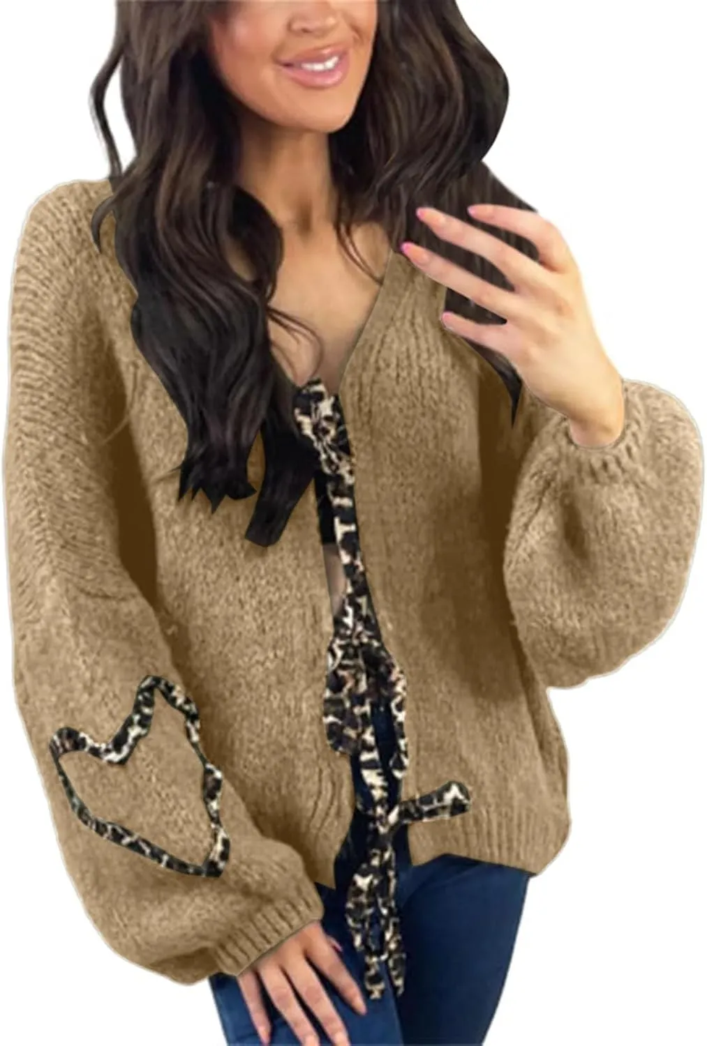 Women Y2k Tie Front Knitted Cardigan Sweater Long Sleeve Open Front Oversized Cardigan Knitwear Tops Streetwear