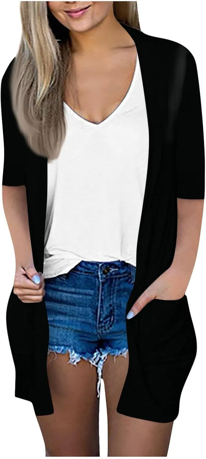 Women's Blazers & Suit Jackets, House Coats for Women with Pockets Solid 3/4 Sleeve Basic Summer Draped Cardigans