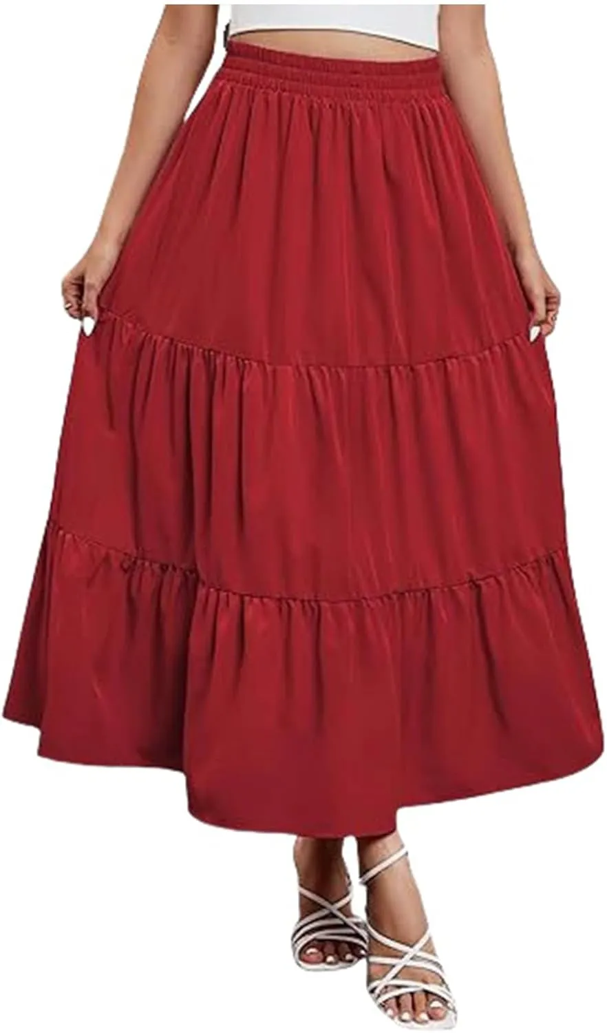 Womens Boho Bohemian Flowy Midi Long Short Summer Skirts High Waist A Line Ruffle Swing Maxi Skirts Long Beach Dress