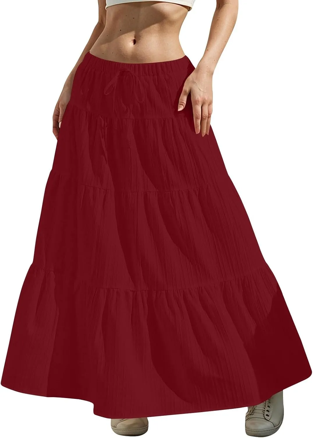 Women's Boho Maxi Skirt Summer Elastic Waist Casual Long Linen Skirts Flowy Tiered Ruffle Skirt Beach A Line Skirts
