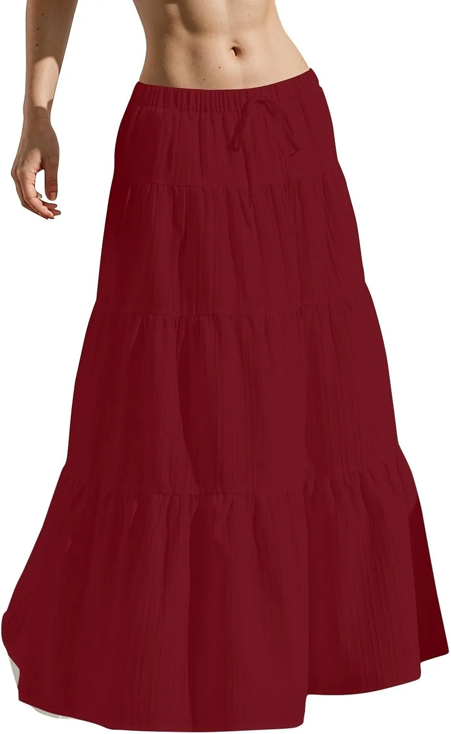 Women's Boho Maxi Skirt Summer Elastic Waist Casual Long Linen Skirts Flowy Tiered Ruffle Skirt Beach A Line Skirts