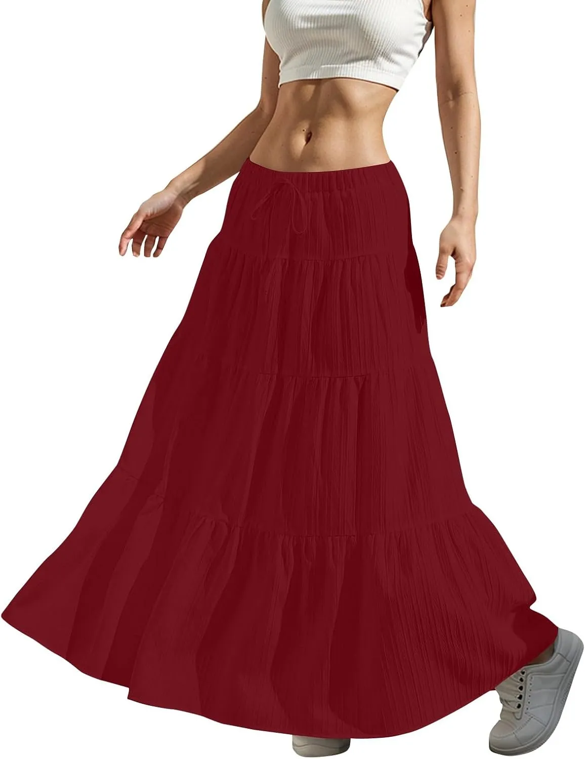 Women's Boho Maxi Skirt Summer Elastic Waist Casual Long Linen Skirts Flowy Tiered Ruffle Skirt Beach A Line Skirts