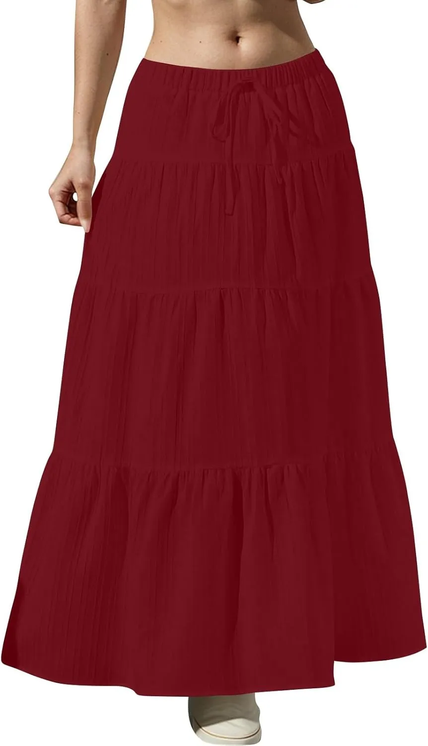 Women's Boho Maxi Skirt Summer Elastic Waist Casual Long Linen Skirts Flowy Tiered Ruffle Skirt Beach A Line Skirts