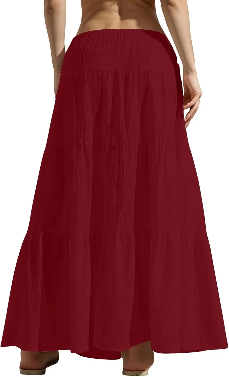 Women's Boho Maxi Skirt Summer Elastic Waist Casual Long Linen Skirts Flowy Tiered Ruffle Skirt Beach A Line Skirts