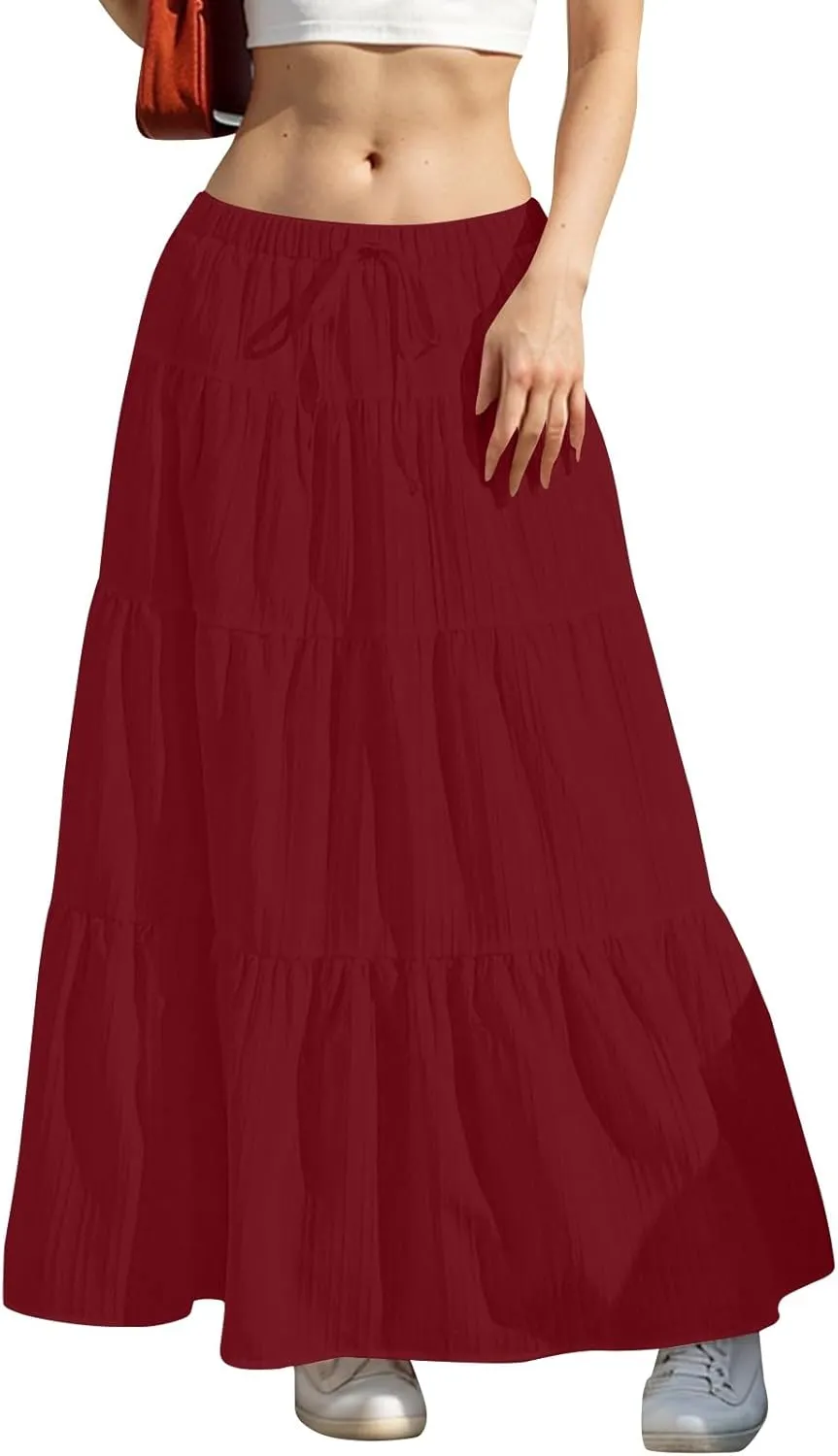 Women's Boho Maxi Skirt Summer Elastic Waist Casual Long Linen Skirts Flowy Tiered Ruffle Skirt Beach A Line Skirts