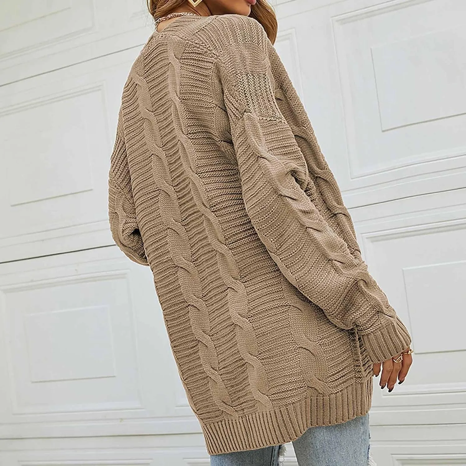 Women's Cable Knit Long Sleeve Open Front Cardigan Oversized Lightweight Cardigan Sweaters Cover Up with Pockets