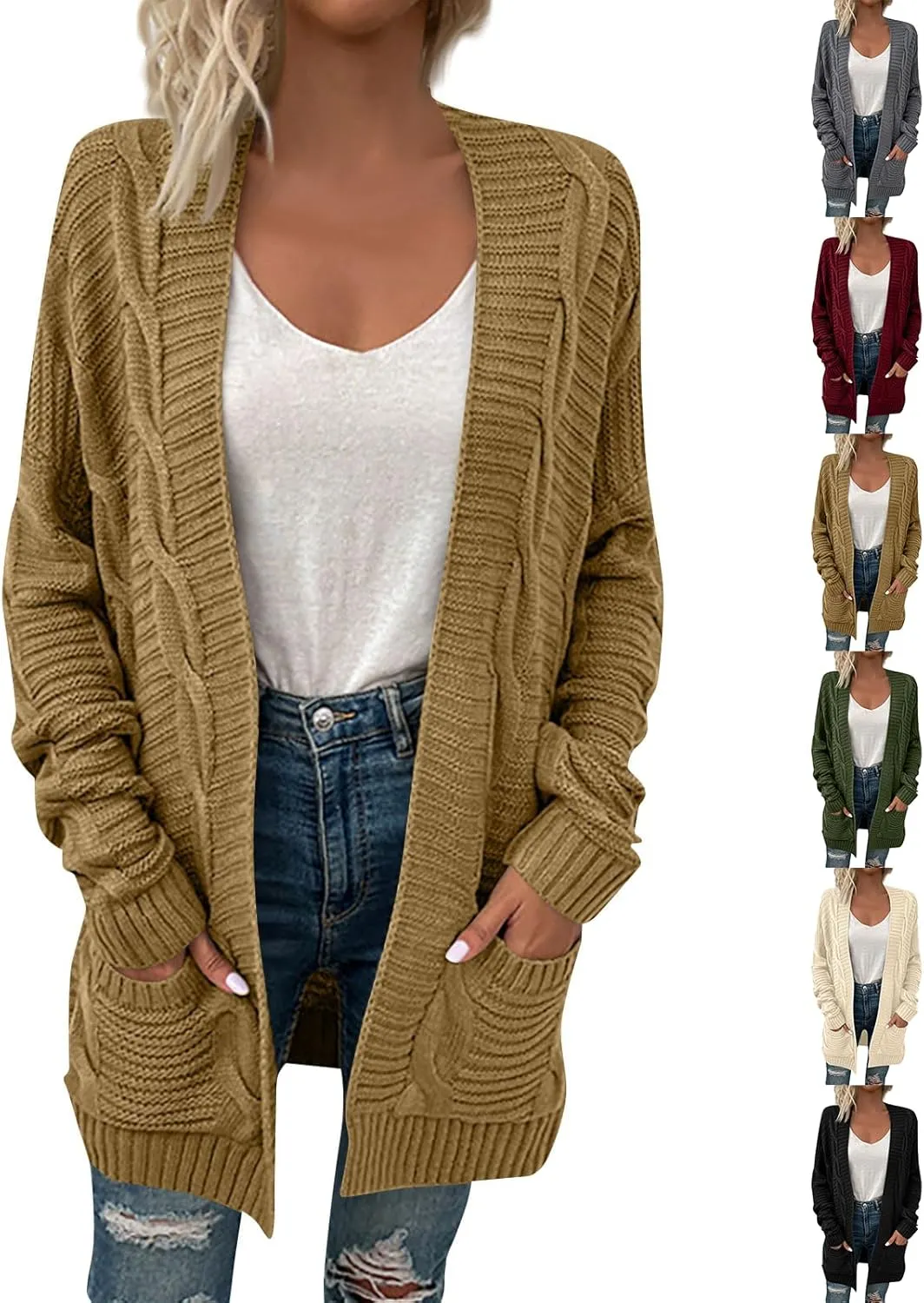 Women's Cable Knit Long Sleeve Open Front Cardigan Oversized Lightweight Cardigan Sweaters Cover Up with Pockets