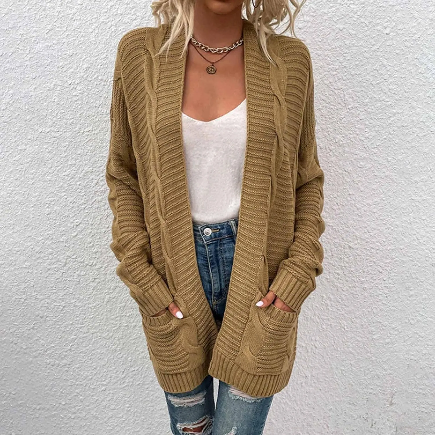 Women's Cable Knit Long Sleeve Open Front Cardigan Oversized Lightweight Cardigan Sweaters Cover Up with Pockets