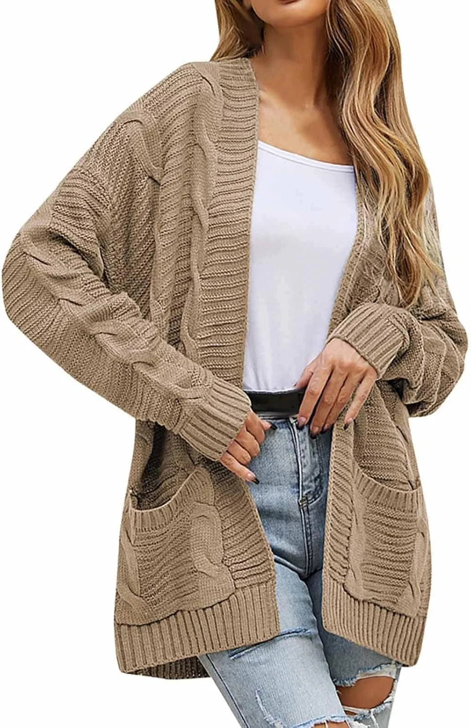 Women's Cable Knit Long Sleeve Open Front Cardigan Oversized Lightweight Cardigan Sweaters Cover Up with Pockets