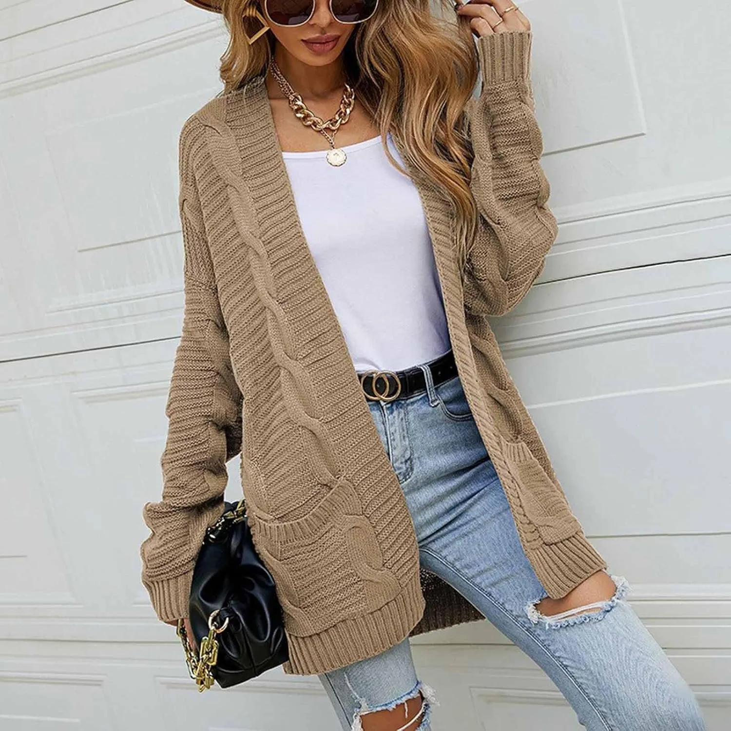 Women's Cable Knit Long Sleeve Open Front Cardigan Oversized Lightweight Cardigan Sweaters Cover Up with Pockets