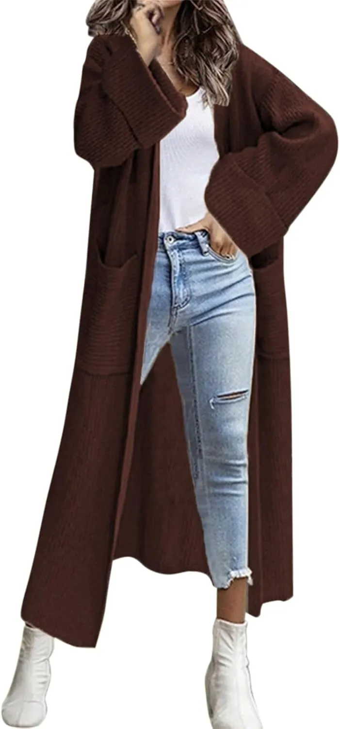 Womens Fall Winter Cardigan Open Front Sweater Casual Long Sleeve Boho Crochet Knit Solid Front Maxi Long Knitted Coat