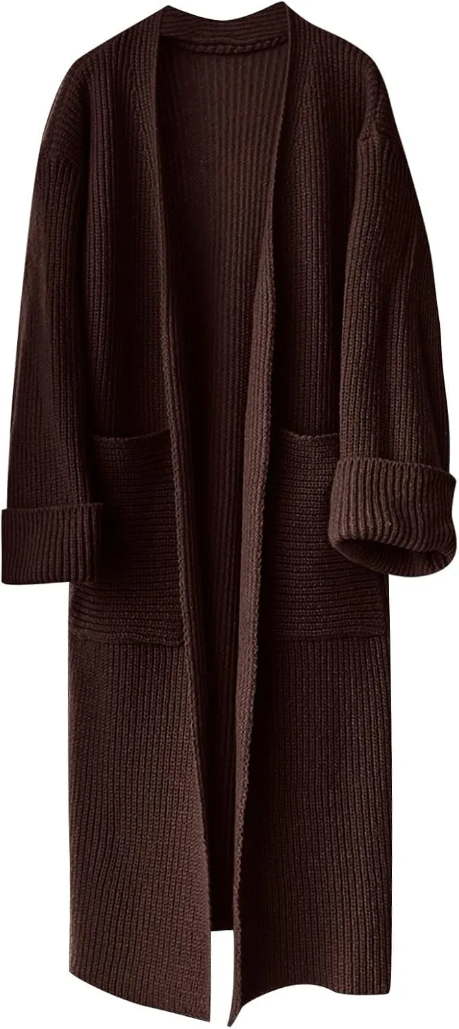 Womens Fall Winter Cardigan Open Front Sweater Casual Long Sleeve Boho Crochet Knit Solid Front Maxi Long Knitted Coat