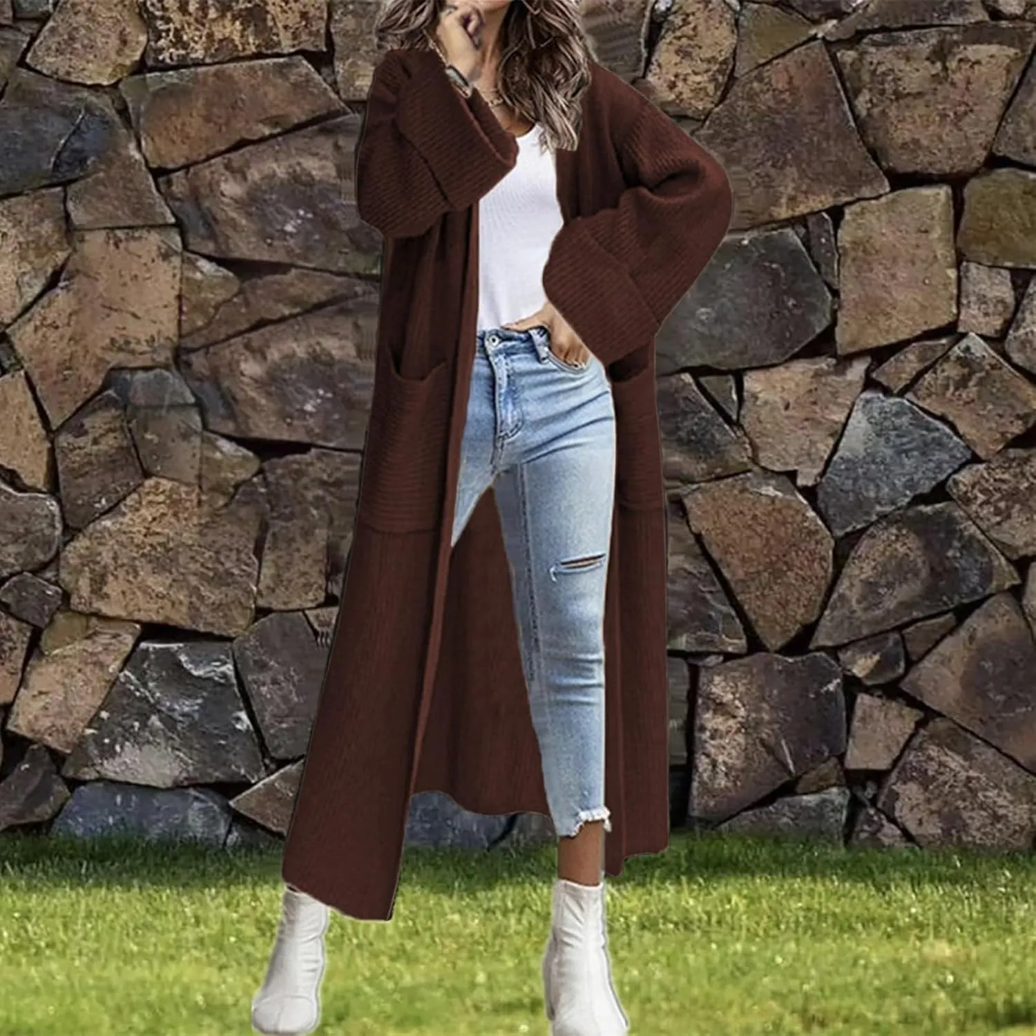 Womens Fall Winter Cardigan Open Front Sweater Casual Long Sleeve Boho Crochet Knit Solid Front Maxi Long Knitted Coat