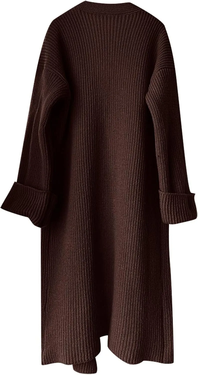 Womens Fall Winter Cardigan Open Front Sweater Casual Long Sleeve Boho Crochet Knit Solid Front Maxi Long Knitted Coat