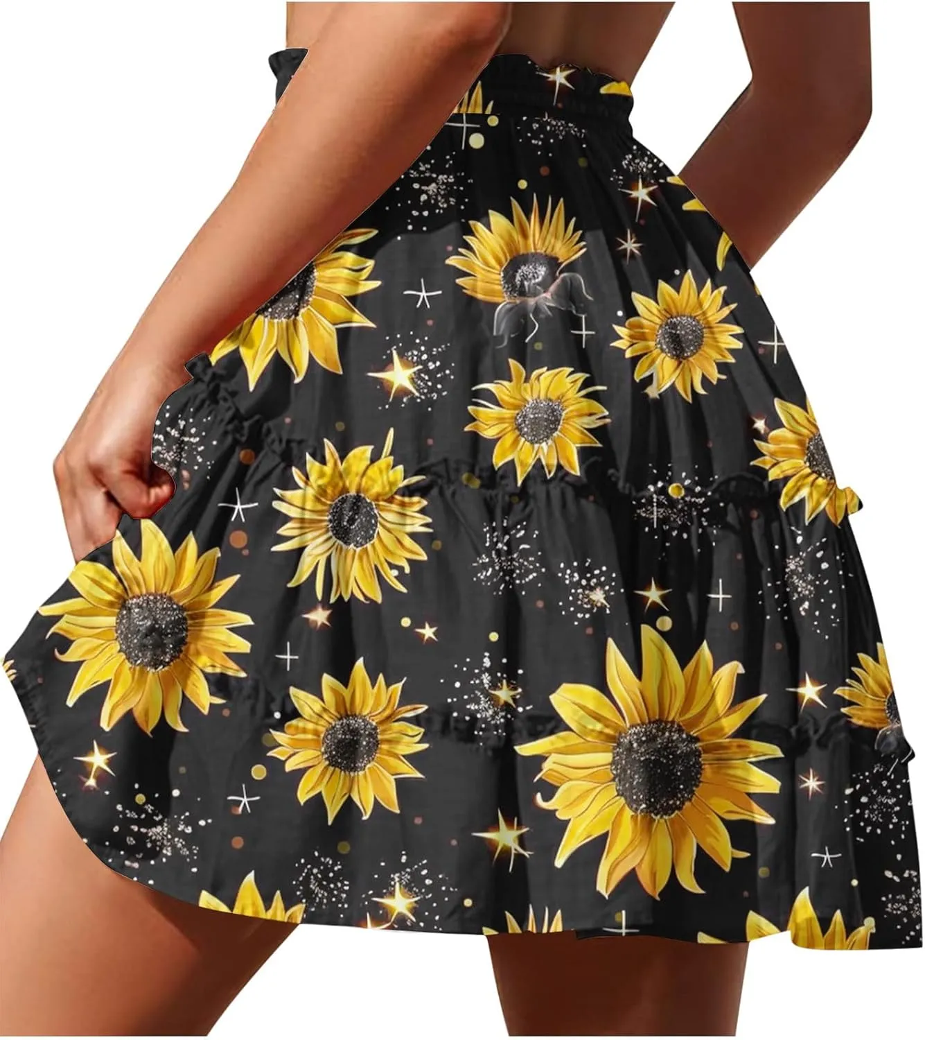 Womens Floral Ruffle Mini Skirts 2025 Summer Skater Short Skirt Elastic Waist Boho Pleated Skirts Trendy Half Dress