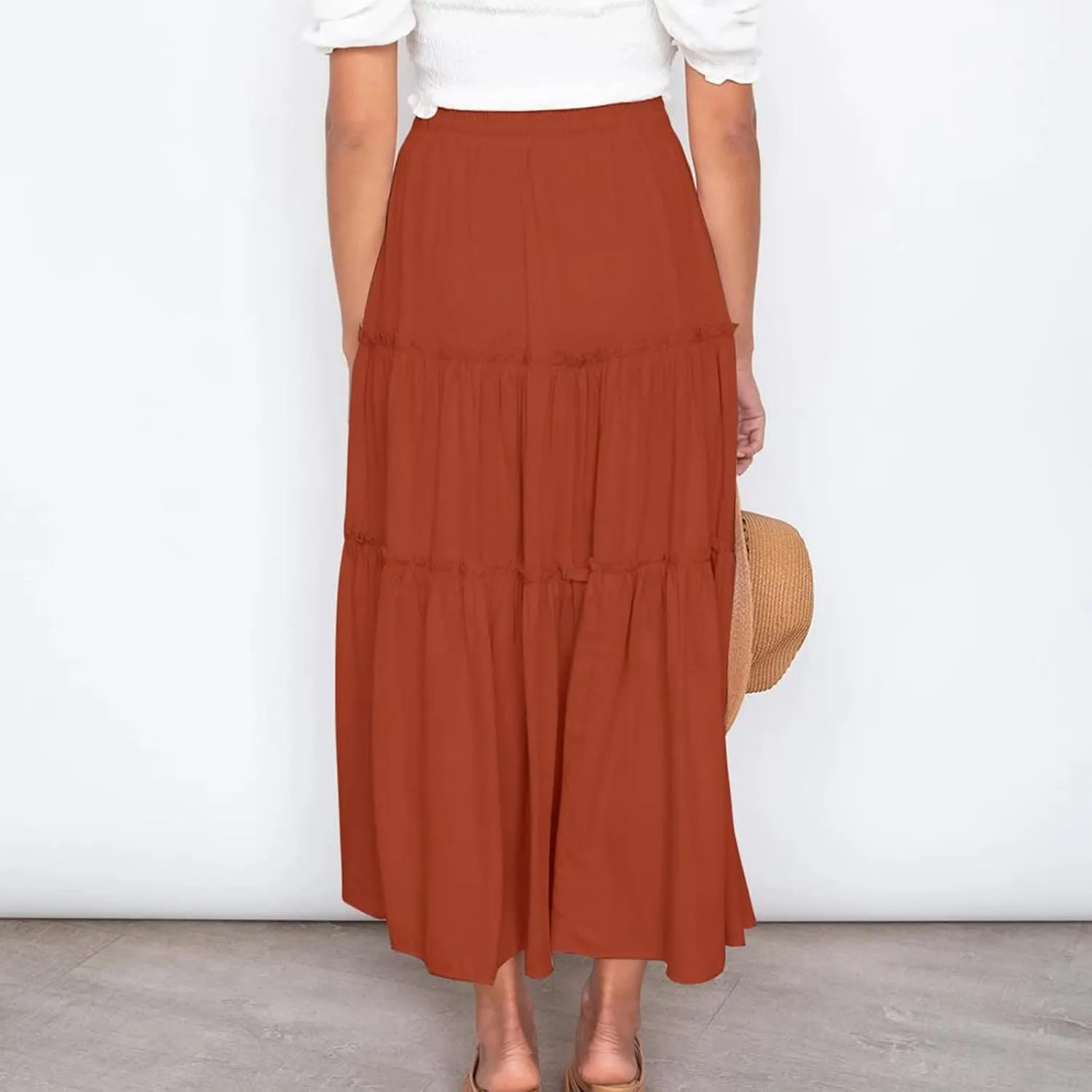 Women's Flowy Boho Maxi Skirt Summer Long Skirts Trendy High Waist Pleated Tiered A Line Beach Mid Calf Skirt
