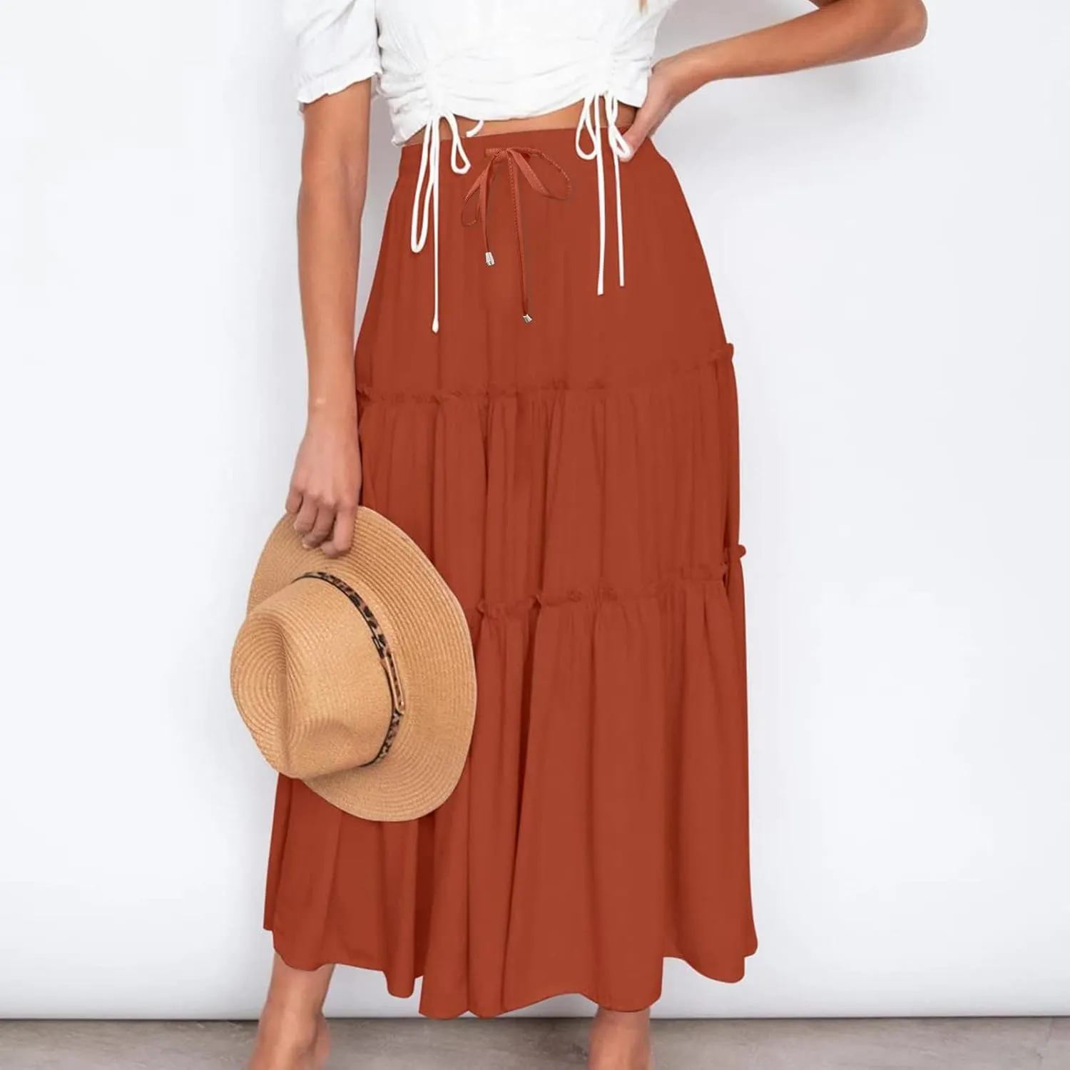 Women's Flowy Boho Maxi Skirt Summer Long Skirts Trendy High Waist Pleated Tiered A Line Beach Mid Calf Skirt