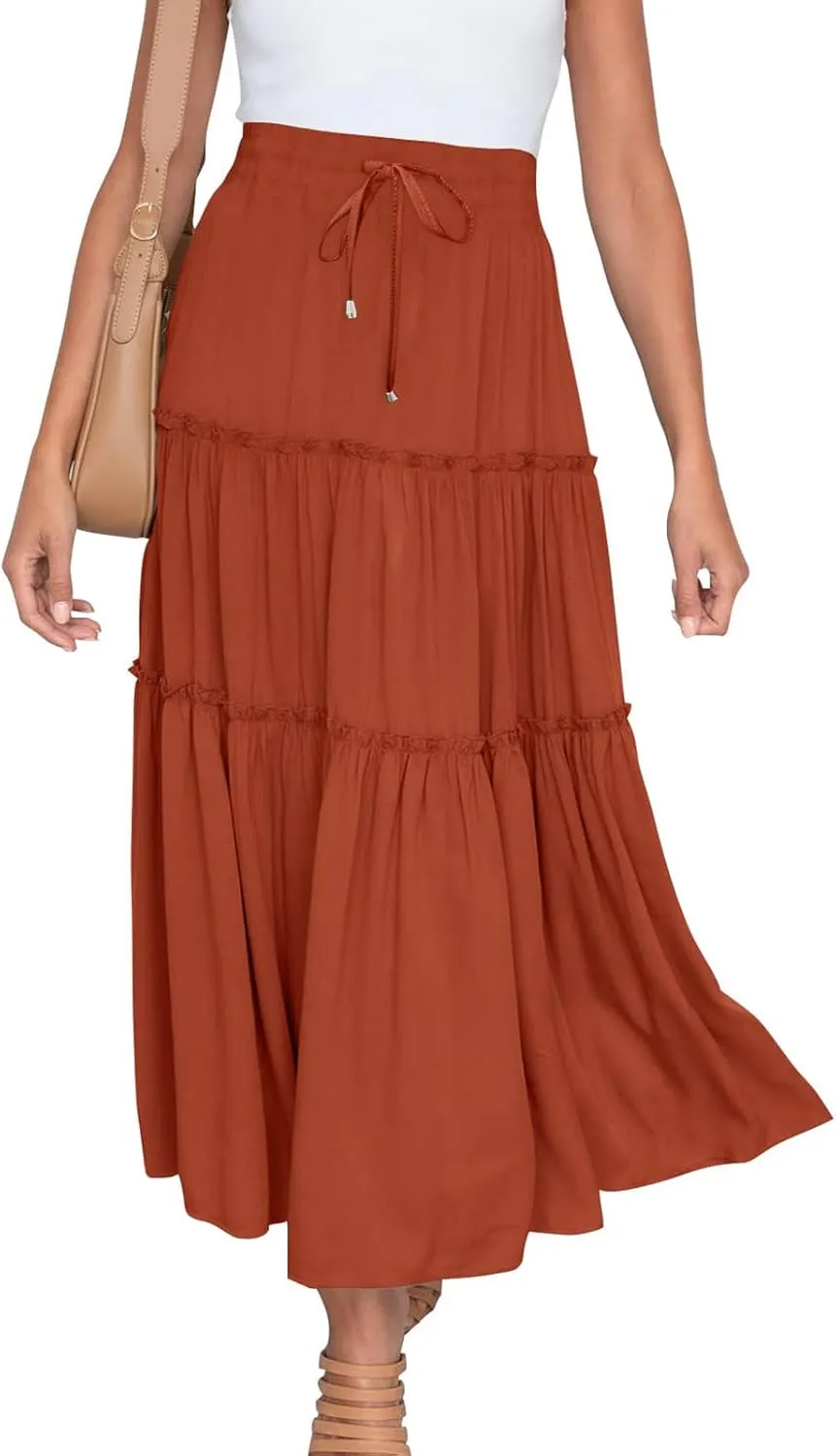 Women's Flowy Boho Maxi Skirt Summer Long Skirts Trendy High Waist Pleated Tiered A Line Beach Mid Calf Skirt