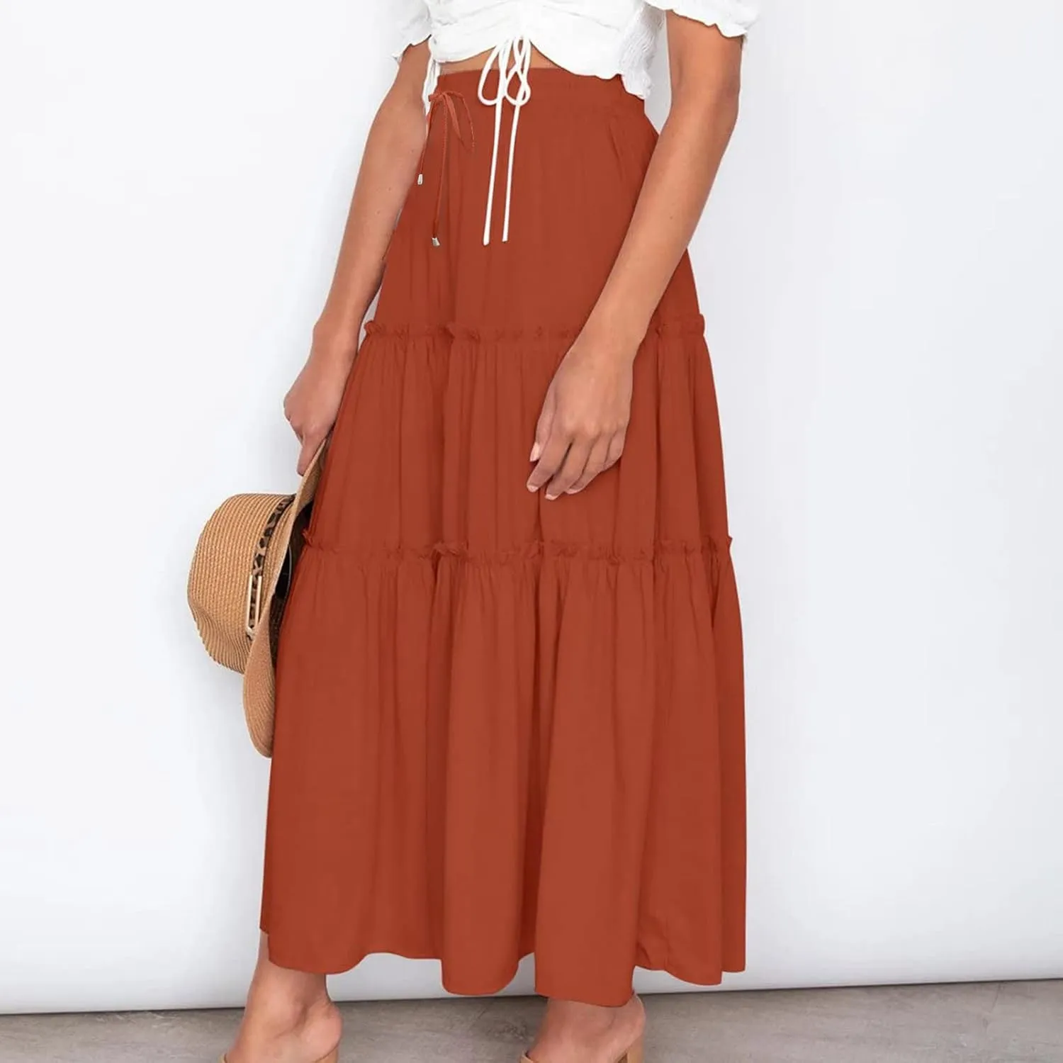 Women's Flowy Boho Maxi Skirt Summer Long Skirts Trendy High Waist Pleated Tiered A Line Beach Mid Calf Skirt