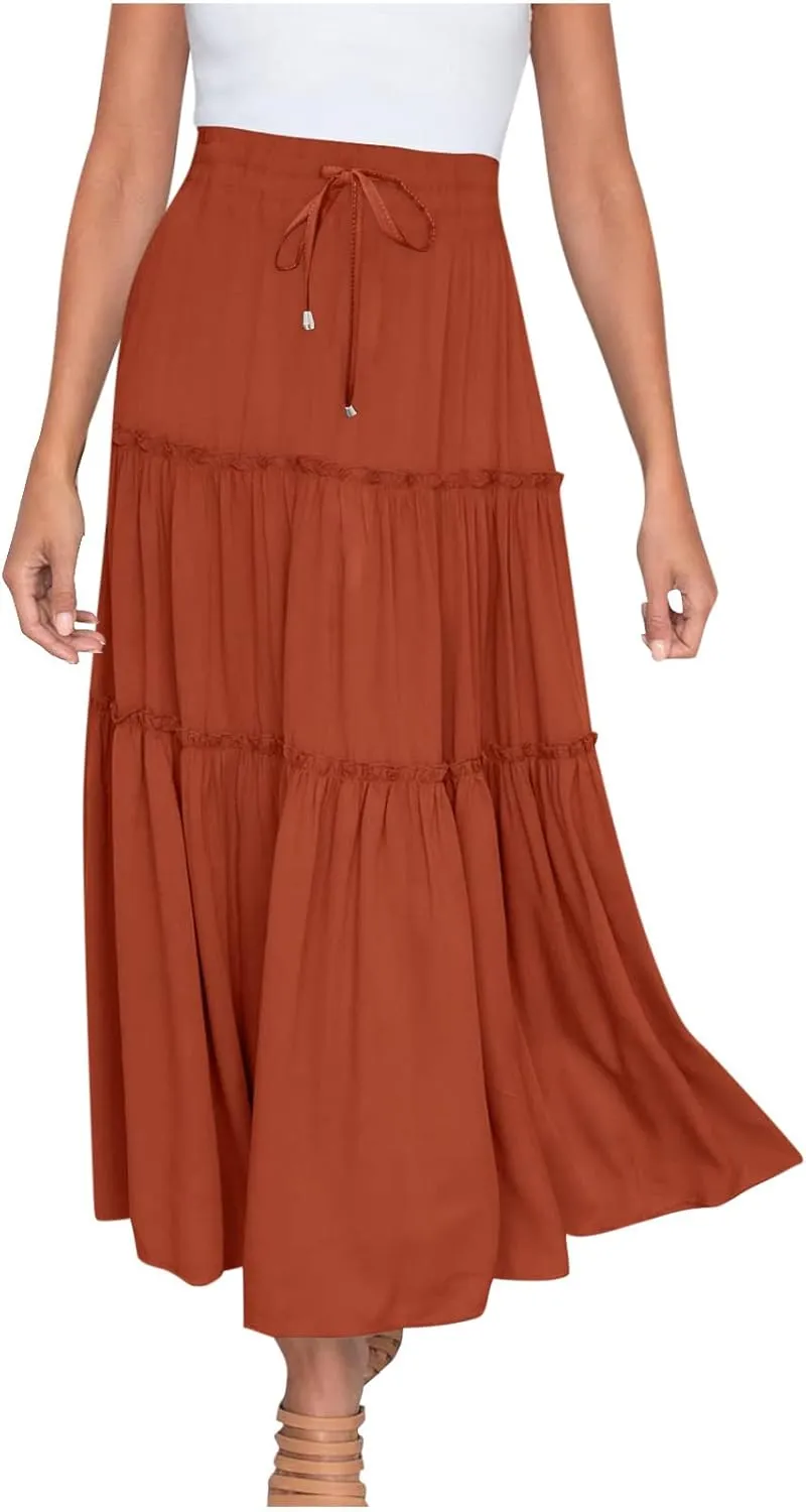 Women's Flowy Boho Maxi Skirt Summer Long Skirts Trendy High Waist Pleated Tiered A Line Beach Mid Calf Skirt
