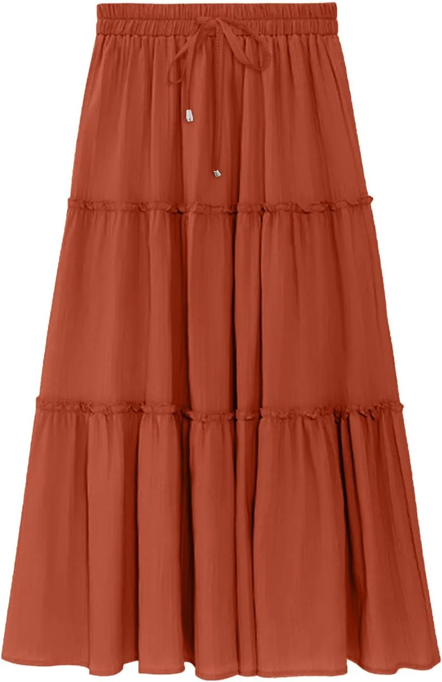 Women's Flowy Boho Maxi Skirt Summer Long Skirts Trendy High Waist Pleated Tiered A Line Beach Mid Calf Skirt